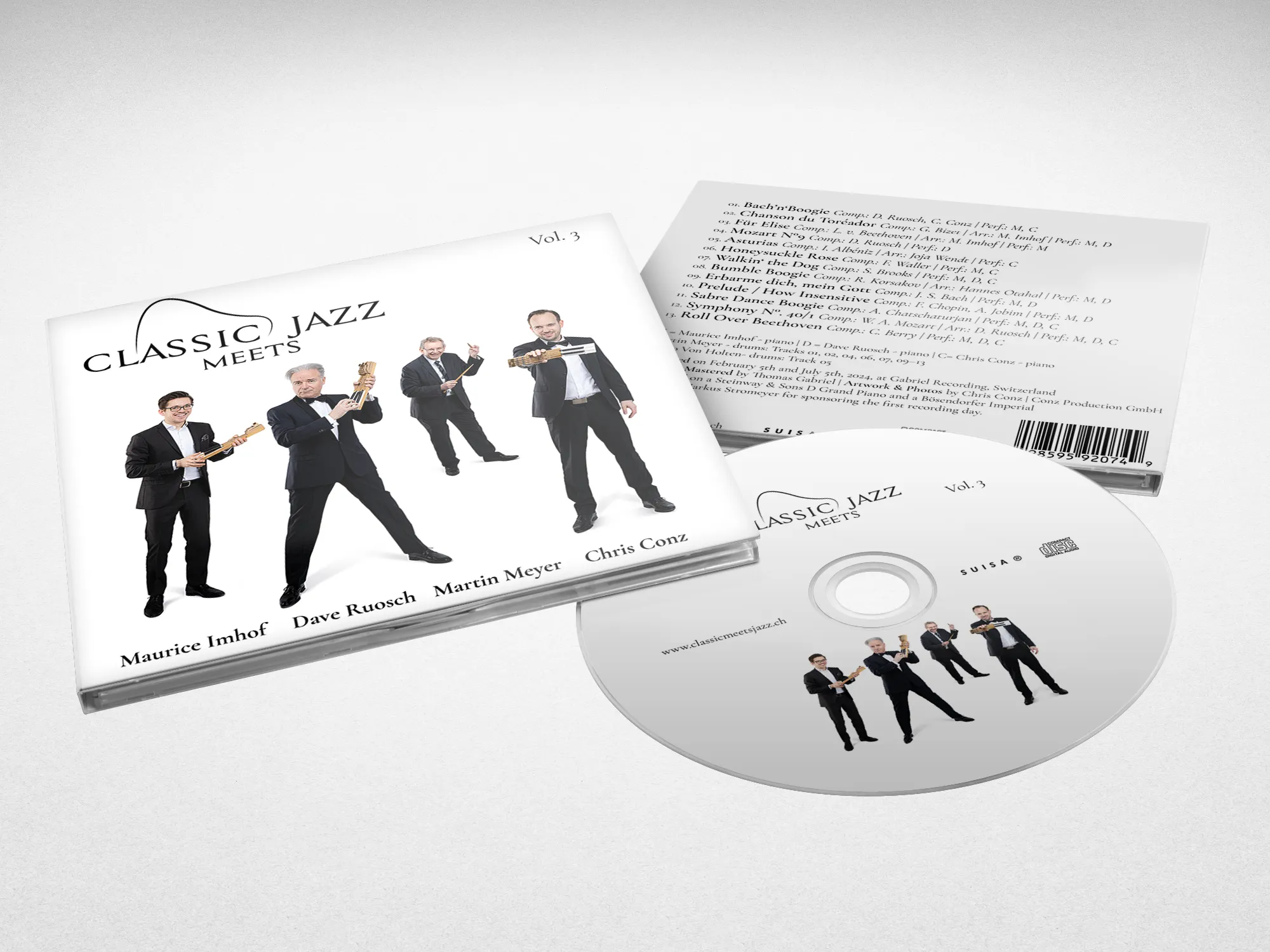 CD „Classic Meets Jazz Vol. 3" — Hülle mit den vier Musikern, Rückseite und Silberling